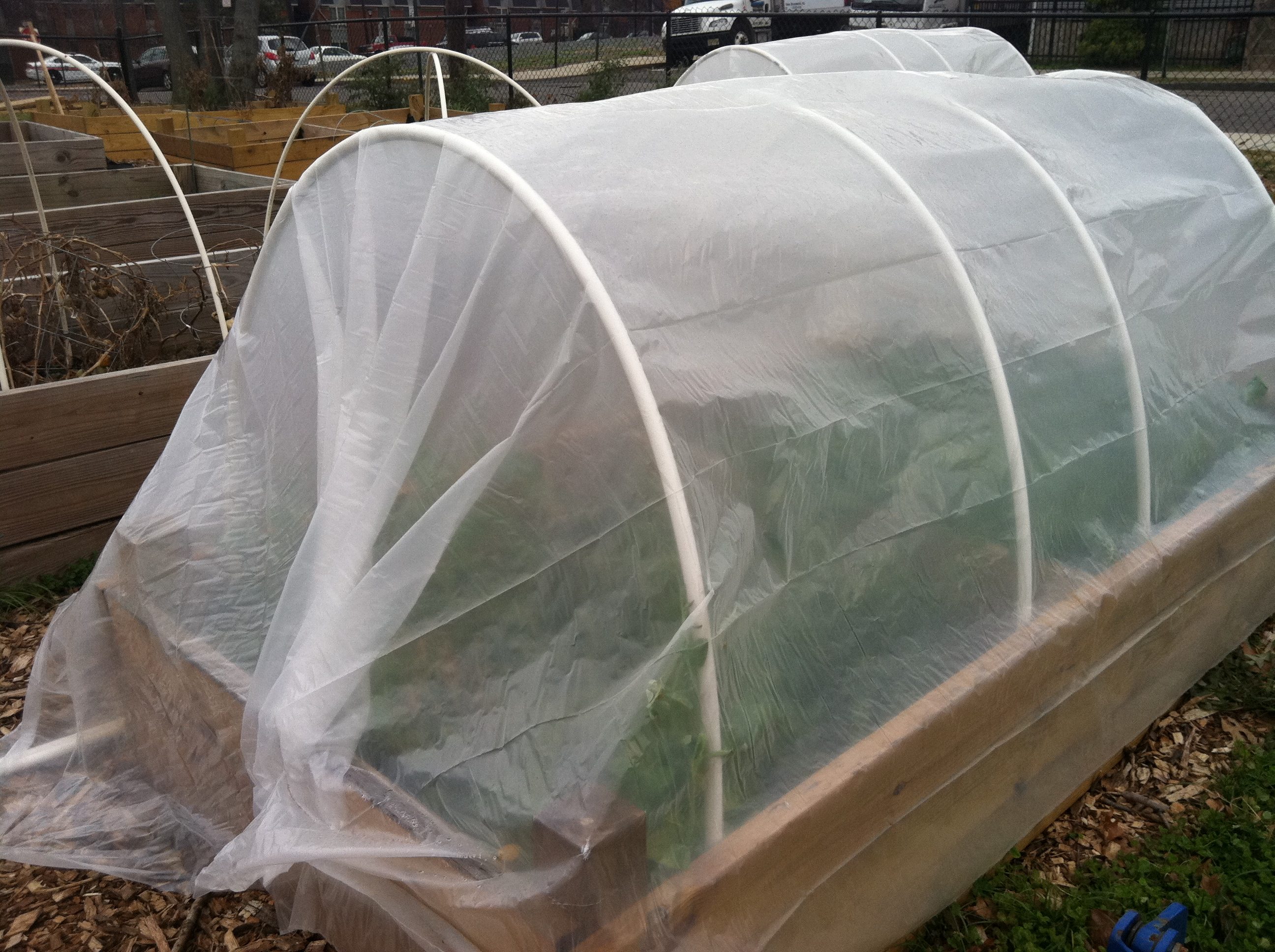 Hoop house covering on raised garden bed in New Brunswick, NJ (Fall ...